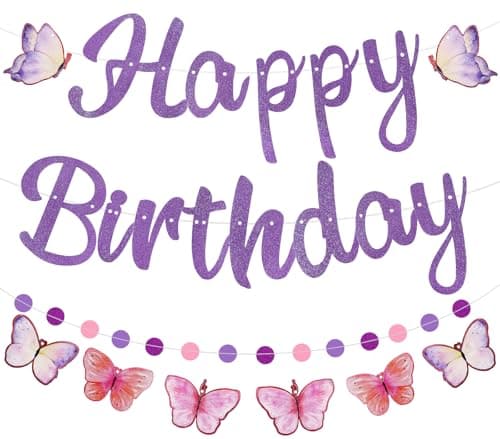 Danadia PreStrung Happy Birthday Banner NO DIY Birthday Decorations with Circle Dot Garland and Butterflies Happy Birthday Party Decorations for Women Girls Purple