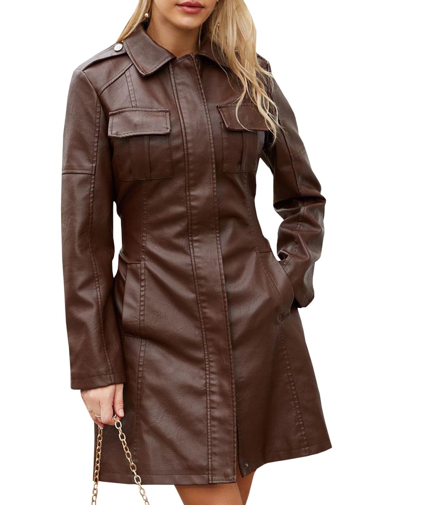 SOMTHRON Women's Mid Length Faux PU Leather Trench Coat Long Sleeve Zip Up Lapel Long Jacket Overcoat with Belt CO-S