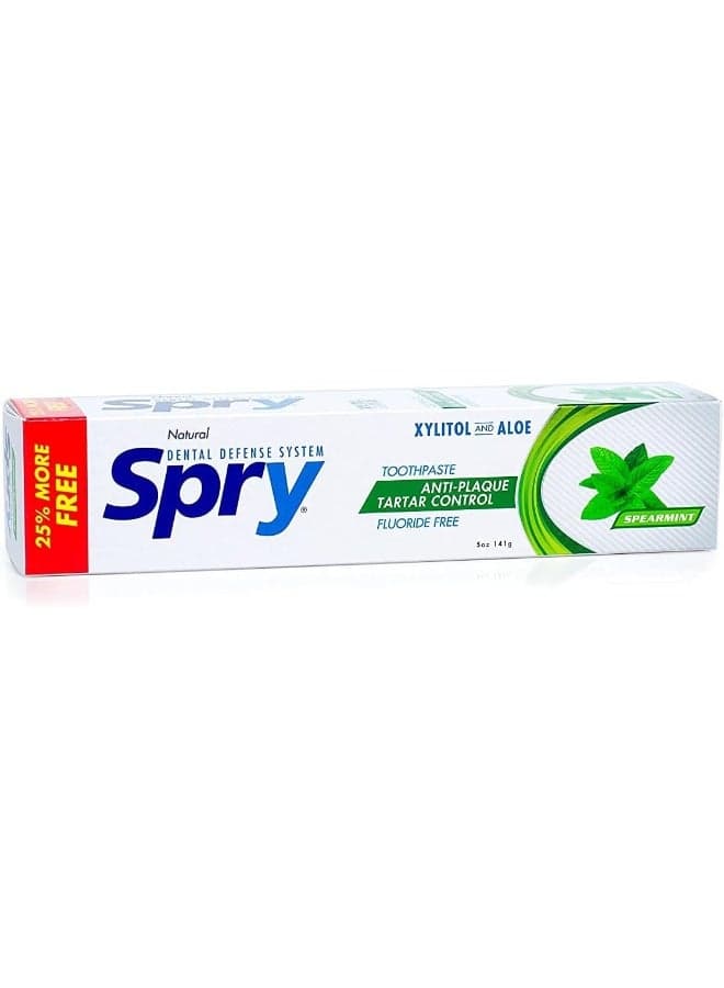Spry Natural Xylitol Toothpaste 5oz for Adults and Kids - Fluoride Free, Gentle for Sensitive Teeth Whitening and Remineralizing, Breath Freshening, Mouth Moisturizing, Spearmint (Pack of 2)