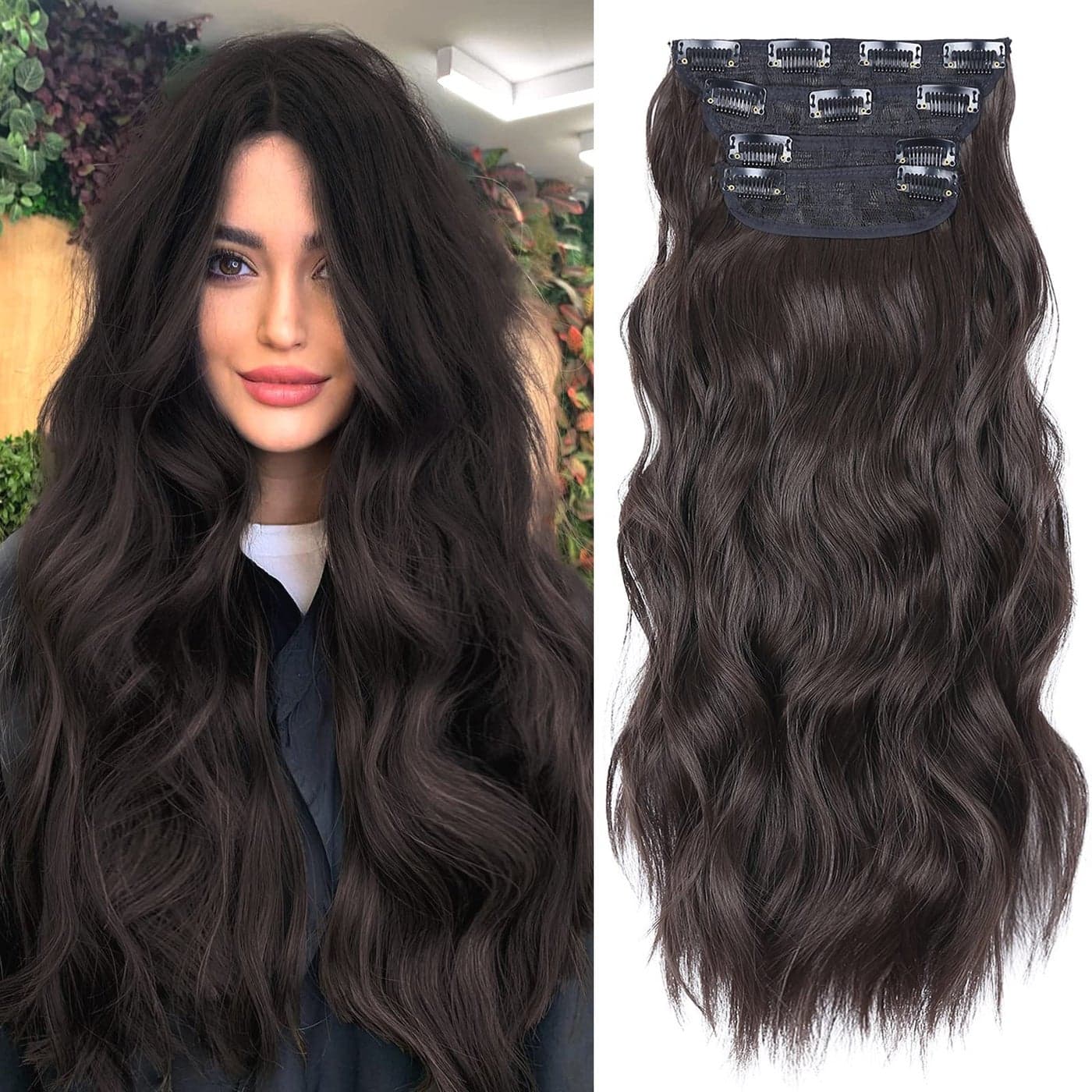 Clip in Hair Extensions 4PCS Brown Black Thick Hair Piece 20 Inches Long Wavy Clip in Extensions Full Head Synthetic Hairpieces for Women 4pcs 20Inch 4