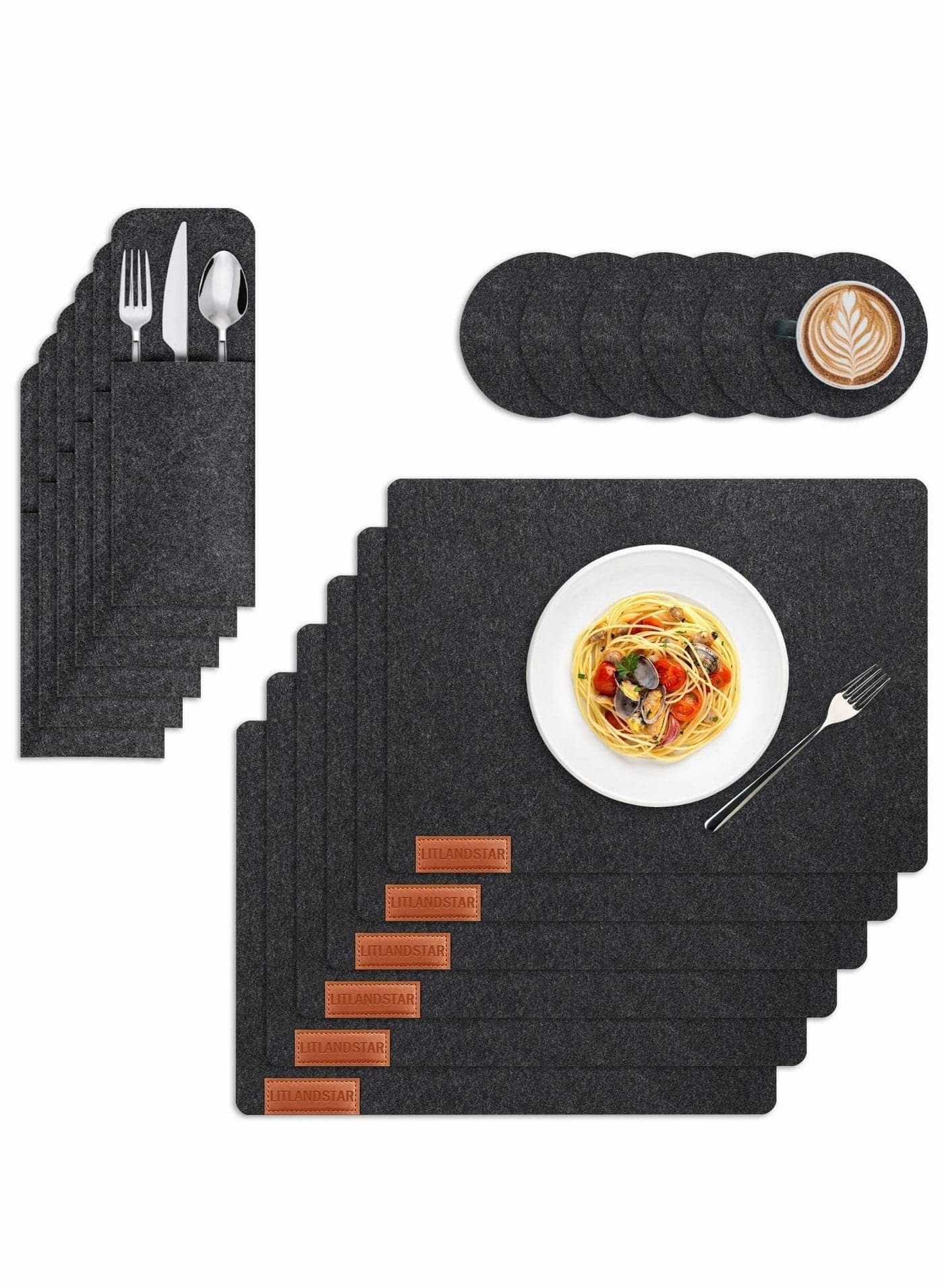 Felt Placemats Coasters Cutlery Set, Heat-Resistant Non-Slip Table Place Mats for Home and Restaurant Washable Set with 6 Placemats, Coasters, Bags(Deep Grey)
