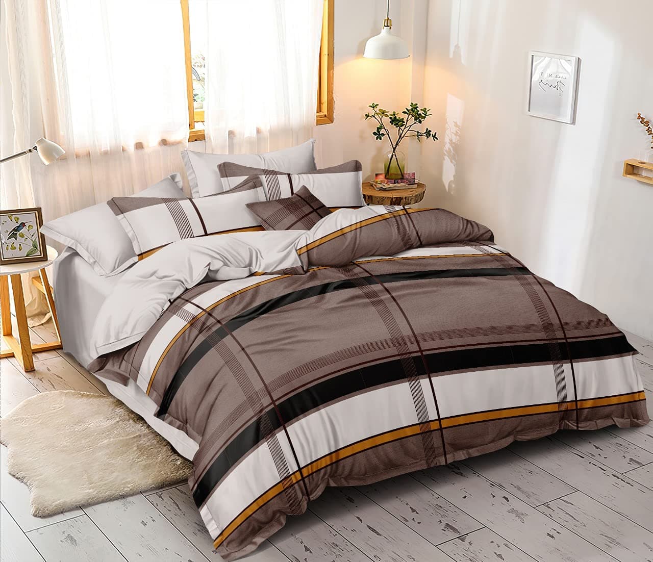 MORADO ® Premium Glace Cotton Checkered 125 GSM Double Bedsheet with 2 King Size Pillow Covers (Brown, 90 X 100 Inches)