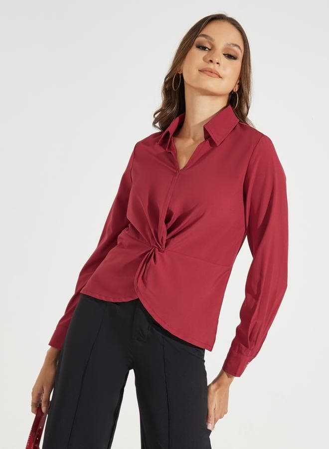 Solid Twisted Hem Long Sleeves Shirt — M