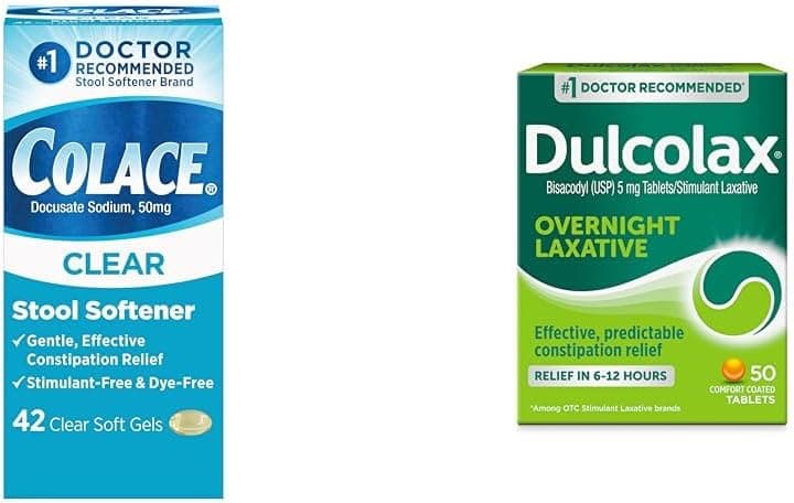 Colace Clear Stool Softener Soft Gel Capsules Constipation Relief 50mg 42ct Dulcolax Overnight Relief Laxative Tablets Constipation Relief 5mg 50ct