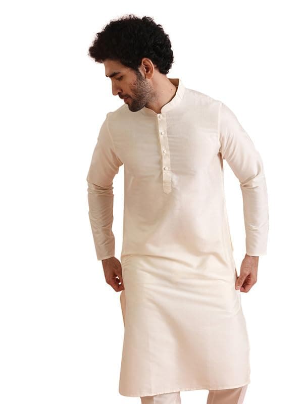 KISAH Mens Kurta|Solid Pattern Blended Fabric Mens Ethnic Wear|Regular Fit Mandarin Collar Long Sleeves, Off White, 42