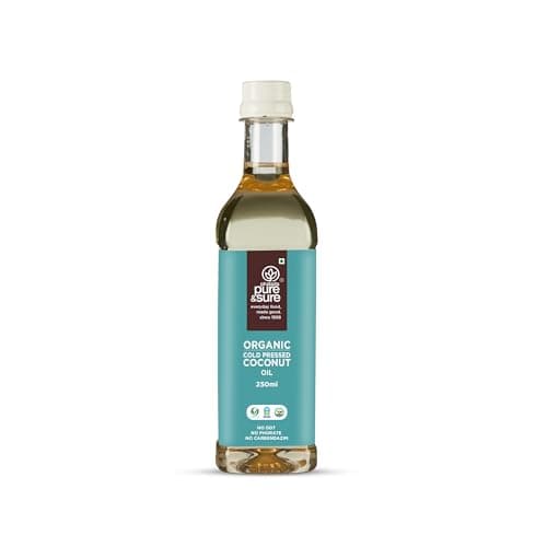 Pure & Sure Organic Cold Pressed Coconut Oil 250 ml | Natural, Organic & Pure Nariyal Tel | Used for Cooking, Skin, Hair, Baby massage & Oil Pulling| Nutrient Rich & Chemical Free