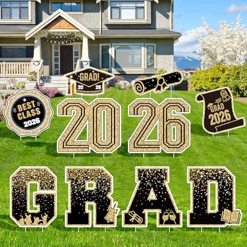 2026 Graduation Decorations Yard Signs 10PCS Black and Gold Congrats Grad Lawn Decorations with Stakes Graduation Party Supplies Large Outdoor Graduation Party Decor for High School College