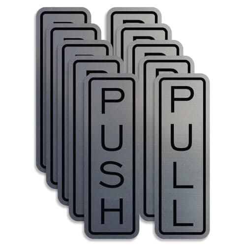 All Quality Classic Vertical Push Pull Door Signs - Great for Glass Doors | Professional Looking Signs | Easy Installation Includes Double-Sided Foam Adhesive Tape (Brushed Silver) - Medium (5 Pack)