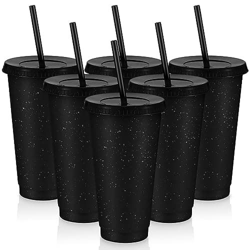 Uiifan 6 Pcs 24 oz Reusable Tumbler with Lids and Straws Plastic Iced Coffee Tumbler Glitter Travel Mug Cup for Smoothie Juices Birthday Party Cold Drink Coffee Cup Bulk for Adult Kid Women Black