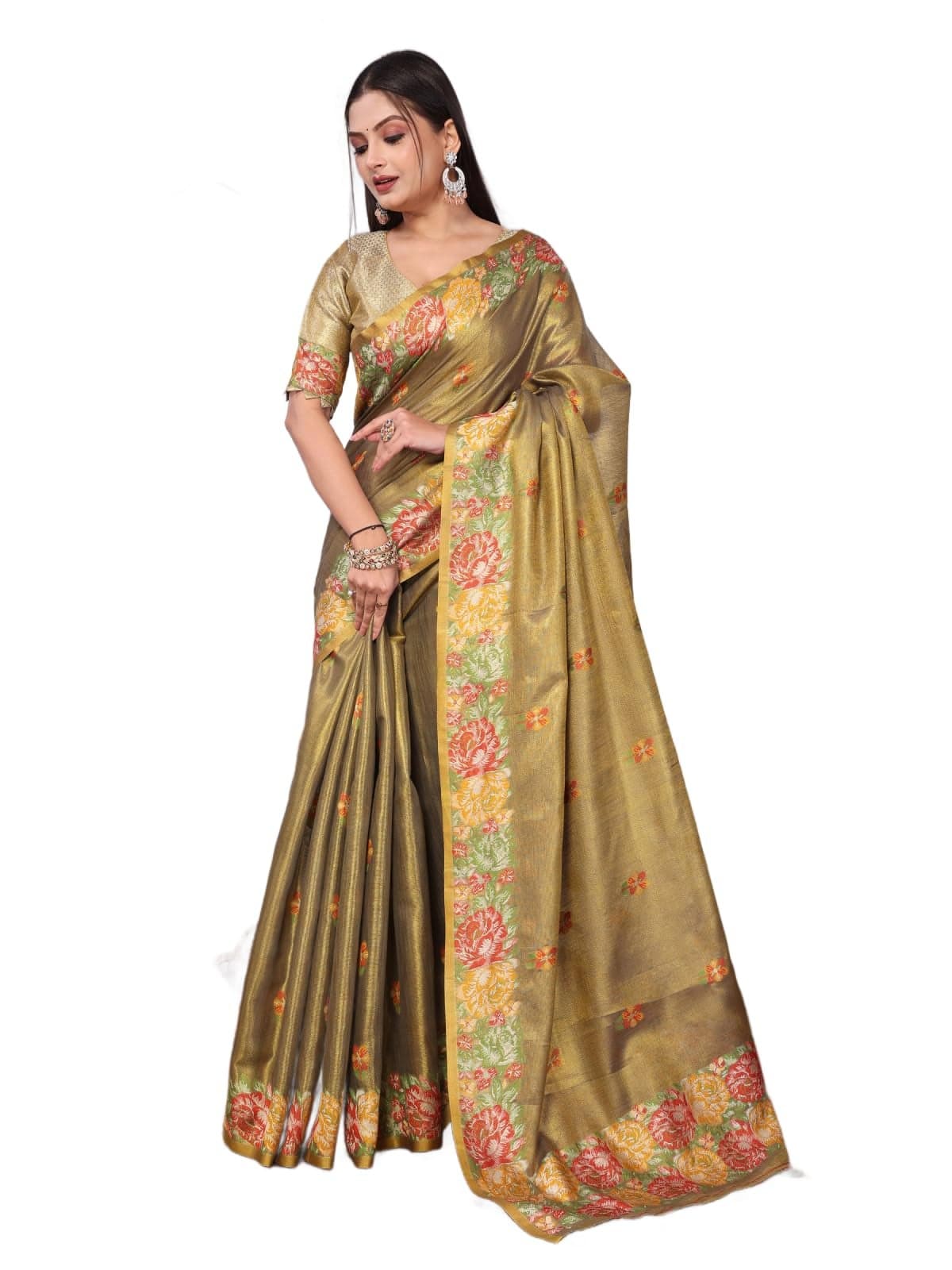 SWORNOF Gold-Toned Woven Design Silk Zari Tissue Saree | Saree for Women | Soft and Skin Friendly (GOLD)