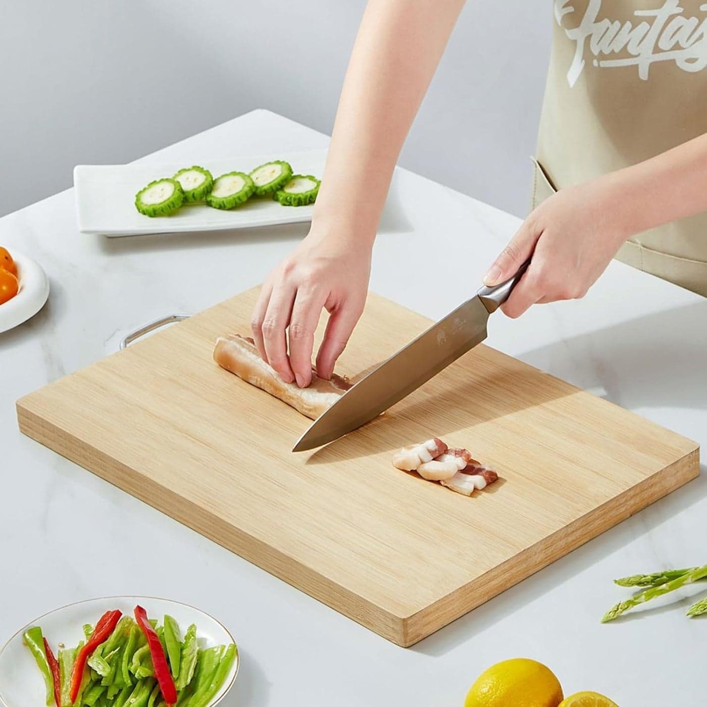Cyrox Recyclable and Biodegradable Chopping Board for Vegetable Cutting and Slicing Fruits Bamboo Wooden Chopping Board with Aluminum Handle Kitchen Accessories 30 20 18CM 1PCs