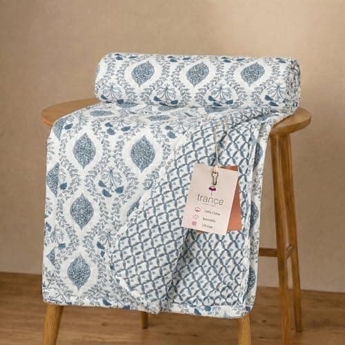 Trance Home Linen Premium 100% Cotton Dohar for Double Bed | 150 GSM | Reversible Ac Comforter | Light Weight All Season Soft Blanket (84x90 Inches | Jaal Blue)