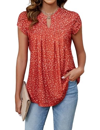 Blooming Jelly Women's Tunic Summer Tops 2025 Dressy Casual Blouses Plus Size V Neck Pleated Shirts Tulip Sleeve Oufits(Red Floral Print, Large