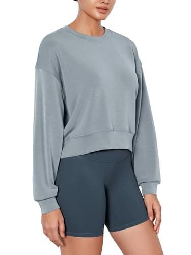 ODODOS Modal Soft Long Sleeve Cropped Sweatshirts for Women Oversized Crew Neck Pullover Crop Top, Grey Blue, Medium