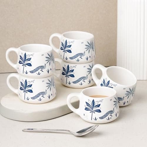 The Earth Store Blue Peafowl Ceramic Cup Set of 6 for Tea, 150 ML Each, Microwave and Dishwasher Safe Coffee Cups | Cup Set Tea | Chai Cups for Gifting, Home & Office Use, Every Occasion