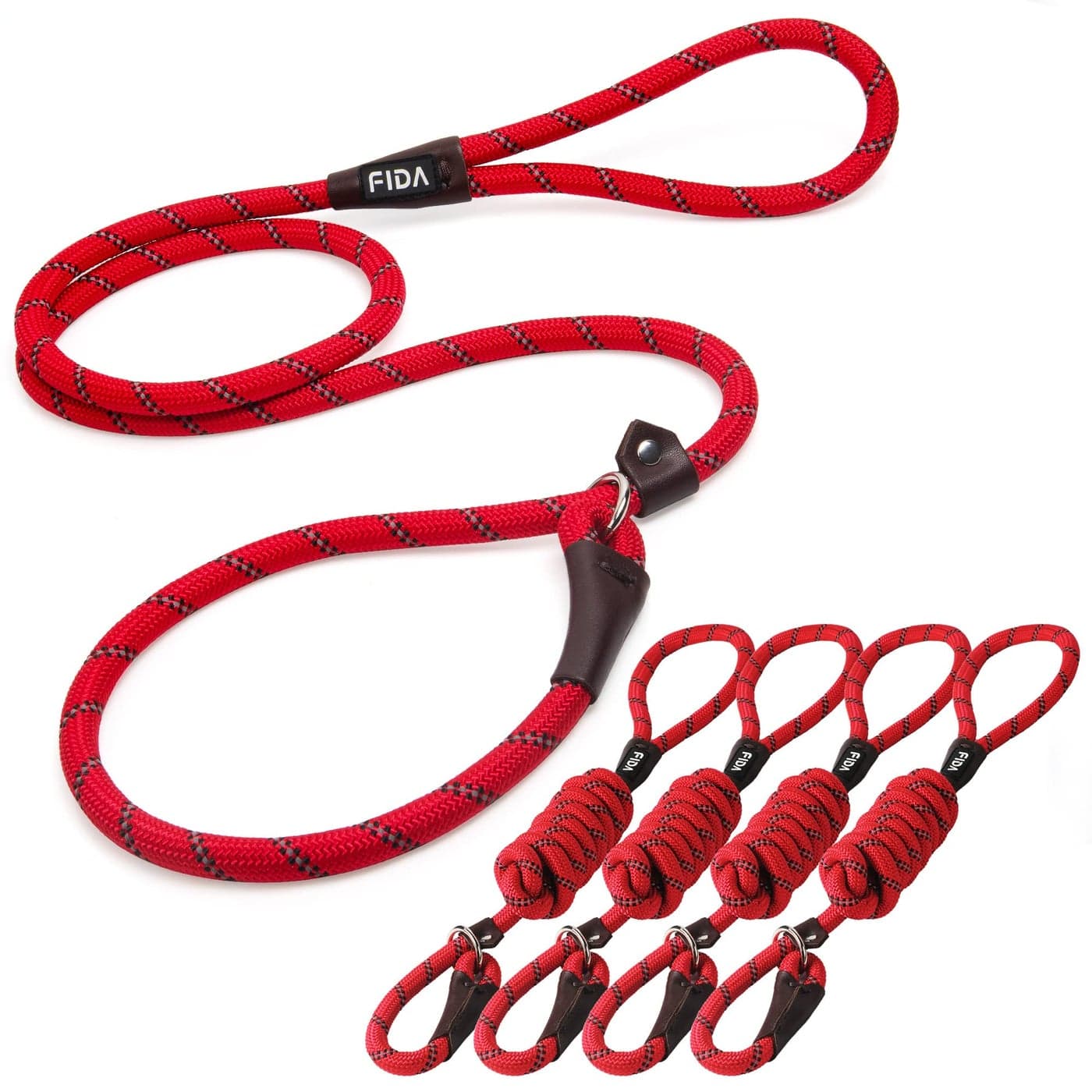 Fida Durable Slip Lead Bulk Pack of 5 Heavy Duty 12 x 6 FT Comfortable Strong Rope Slip Leash for Large Medium Small Dogs No Pulling Pet Training Leash with Highly Reflective Red