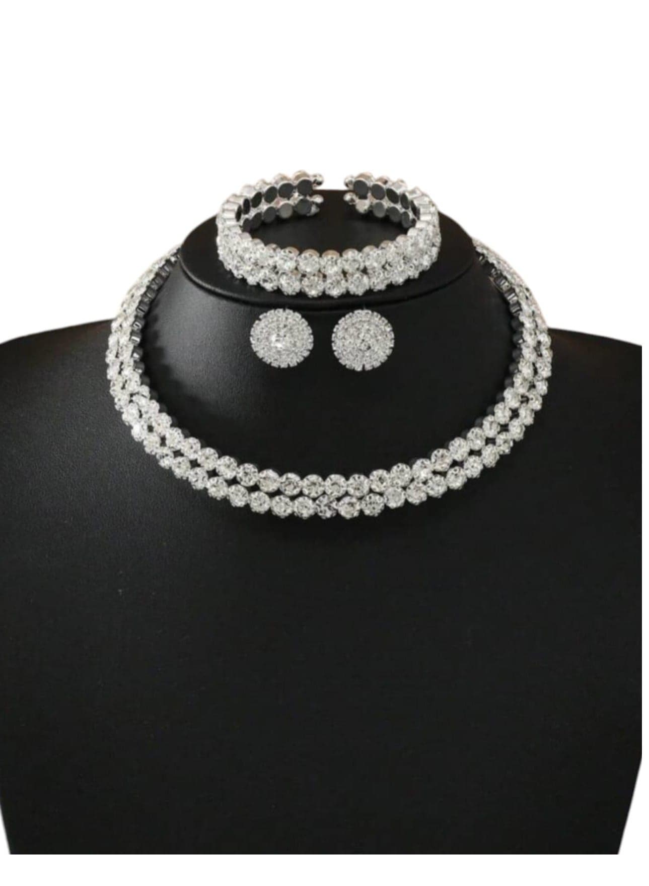 One Gorgeous and Elegant Double Row Rhinestone Necklace, Earrings and Bracelet Set Suitable for Daily Wear and Gift for Women