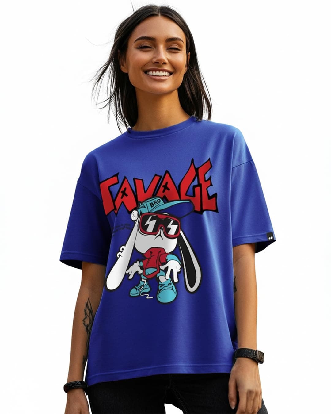 Bewakoof Women's Being Savage Graphic Printed Oversized Cotton T-Shirt Oversized Fit, Round Neck, Half Sleeves_589866_Blue_XL