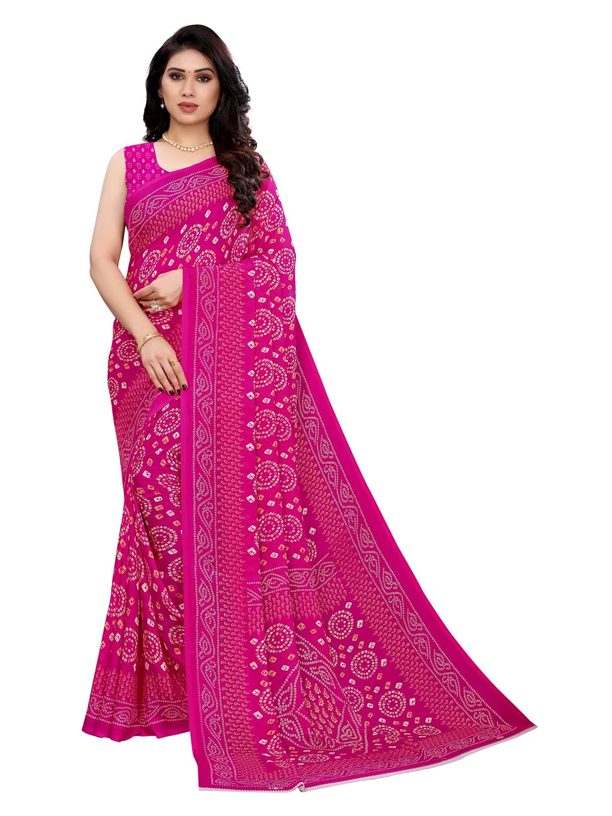 SIRIL Women's Georgette Bandhani Printed Saree with Blouse(2041S574_Pink)