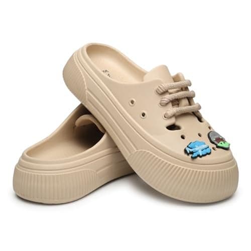 YOHO Women Lace Up Clogs Sandals with Charms | Comfortable, Lightweight & Soft Shoes | Waterproof Walking Slip ons for Girls | Wanderz CL | Beige - UK 7
