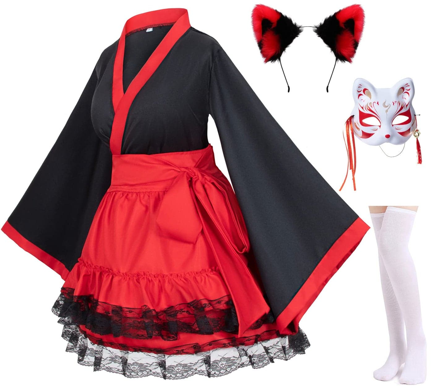 Japanese Anime red and Black Kimono Fox Cosplay Costume Furry Fox Ear with Socks M