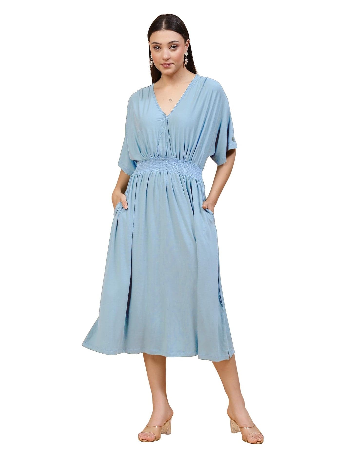 ZELENA Maternity Zipless Feeding Dress for Women | 95% Viscose 5% Elastane Pre & Post Pregnancy Dress for Pregnant Woman | Nursing Dresses for Easy Breastfeeding for Mothers with Pockets (Ice Blue)