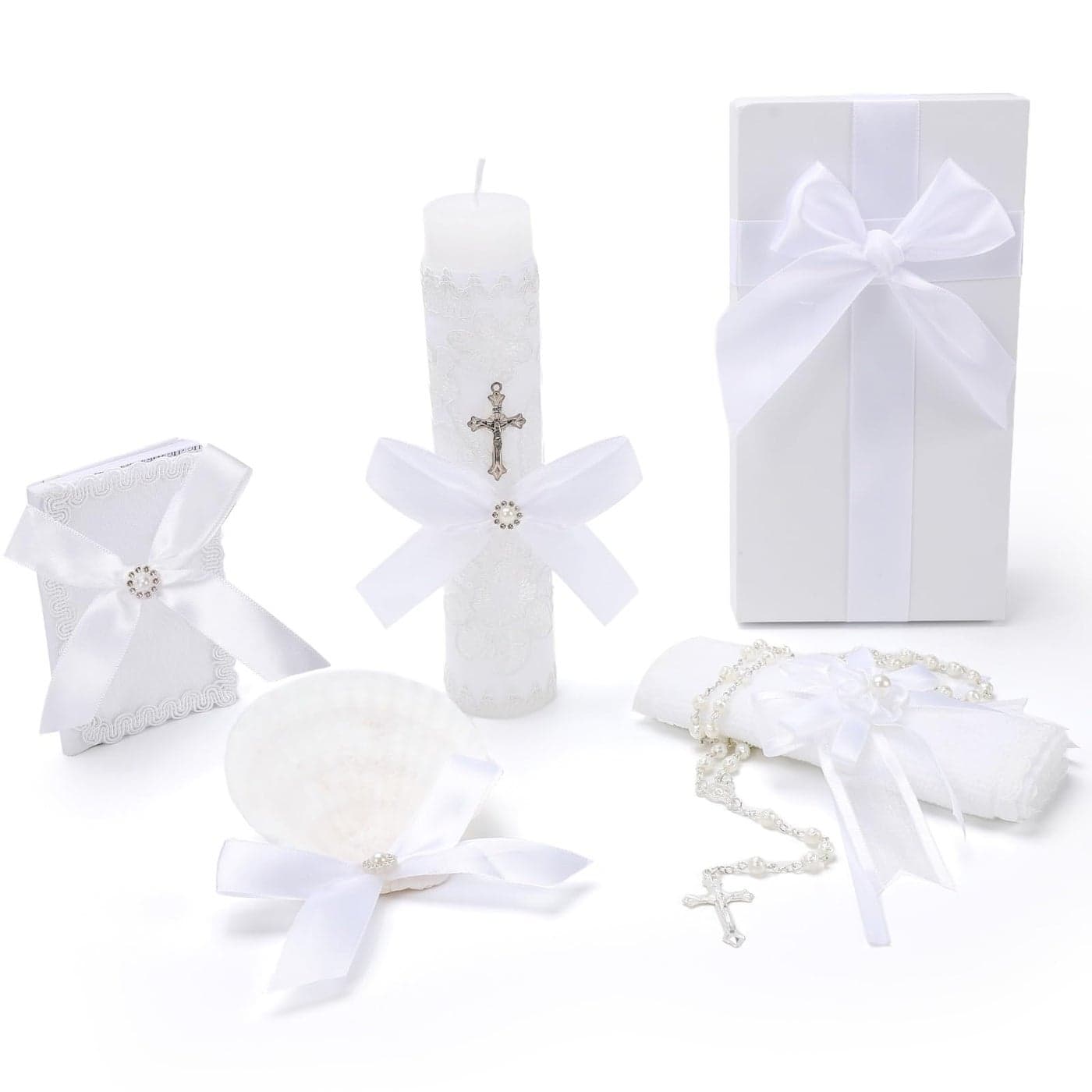 Baptism Candle Set for Boys and GirlsWhite 5 PCS Baptism Kit Catholic CandleBaptismal TowelShellRosaryBible for Baptismal Christening First Communion GiftVelas para Bautizo De Nio o Nia