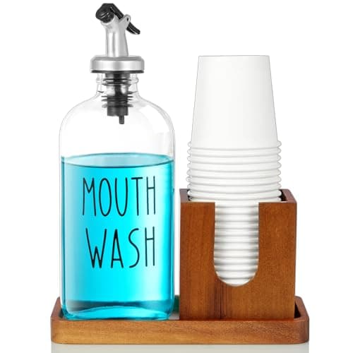 Glass Mouthwash Dispenser for Bathroom 16 OZ Mouthwash Dispenser with Pour Spout and Acacia Wood Cup Holder and Tray Mouth Wash Bottle Container Farmhouse Kitchen Bathroom Decor and Accessories