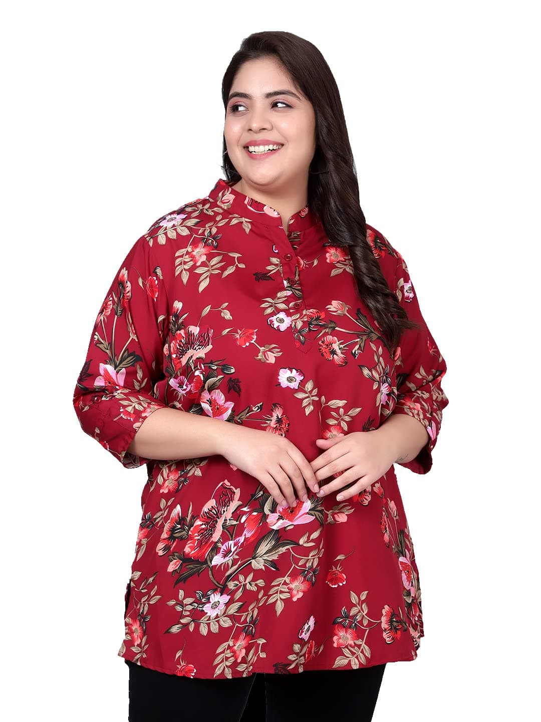 Indietoga Women's Plus Size Casual Crepe Tunics (P10001366_Maroon Floral Printed_5XL)