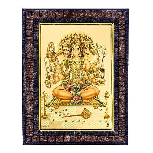 Hawai Gold Plated Panchmukhi Hanuman Ji Photo Frame, Size 21x17x2cm | Engineered Wood Wall Hanging Frame | Bajrang Bali Religious Wall Decor for Pooja Room, Home & Office | Spiritual Gift Item | BLKFRM450