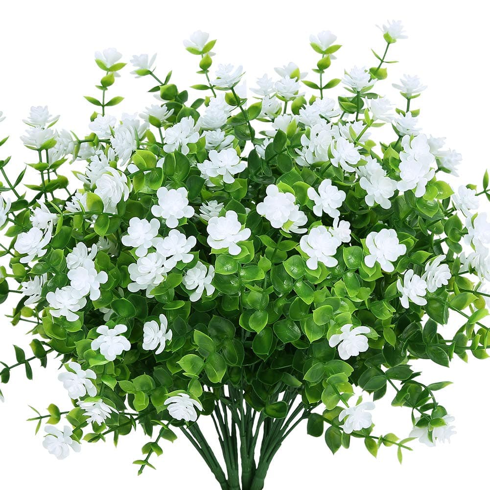 KLEMOO 24 Bundles Outdoor Artificial Fake Flowers UV Resistant No Fade Boxwood Faux Plastic Plants for Garden Patio Porch Window Box Home Wedding Farmhouse Dcor White