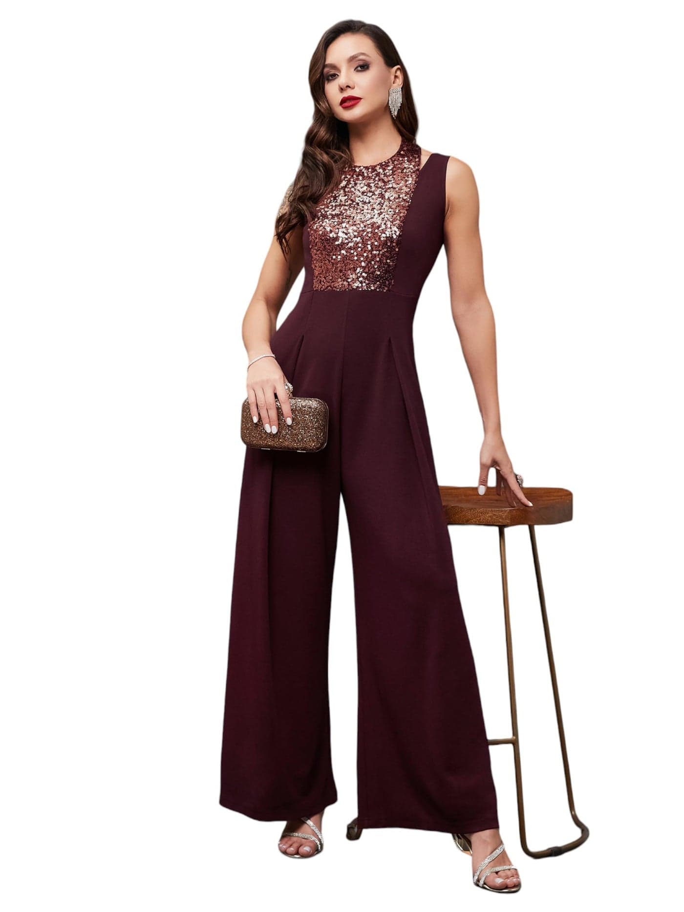 Miss Chase Women's Halter Neck Sleeveless Pleated/Wide Leg Regular Jumpsuit (Plus Size) (MCSS24D97-06-184-07, Wine, 2XL)
