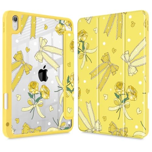 Tuiklol Case for iPad 11 inch (A16 Chip) 2025 Gen 11th / iPad 10.9 inch 2022 10th Gen, Buit in Pencil Holder with Shockproof Cover Clear Transparent Back Shell Auto Wake/Sleep,Bow & Rose Yellow