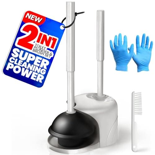 Denvlex 2 in 1 Toilet Brush and Plunger Set, Extended Handle Plunger,Toilet Bowl Brush Plunger Set,Gap Brush,Cleaning Gloves,Bathroom Cleaning Tools,Toilet Brush Plunger Combo,Light Grey