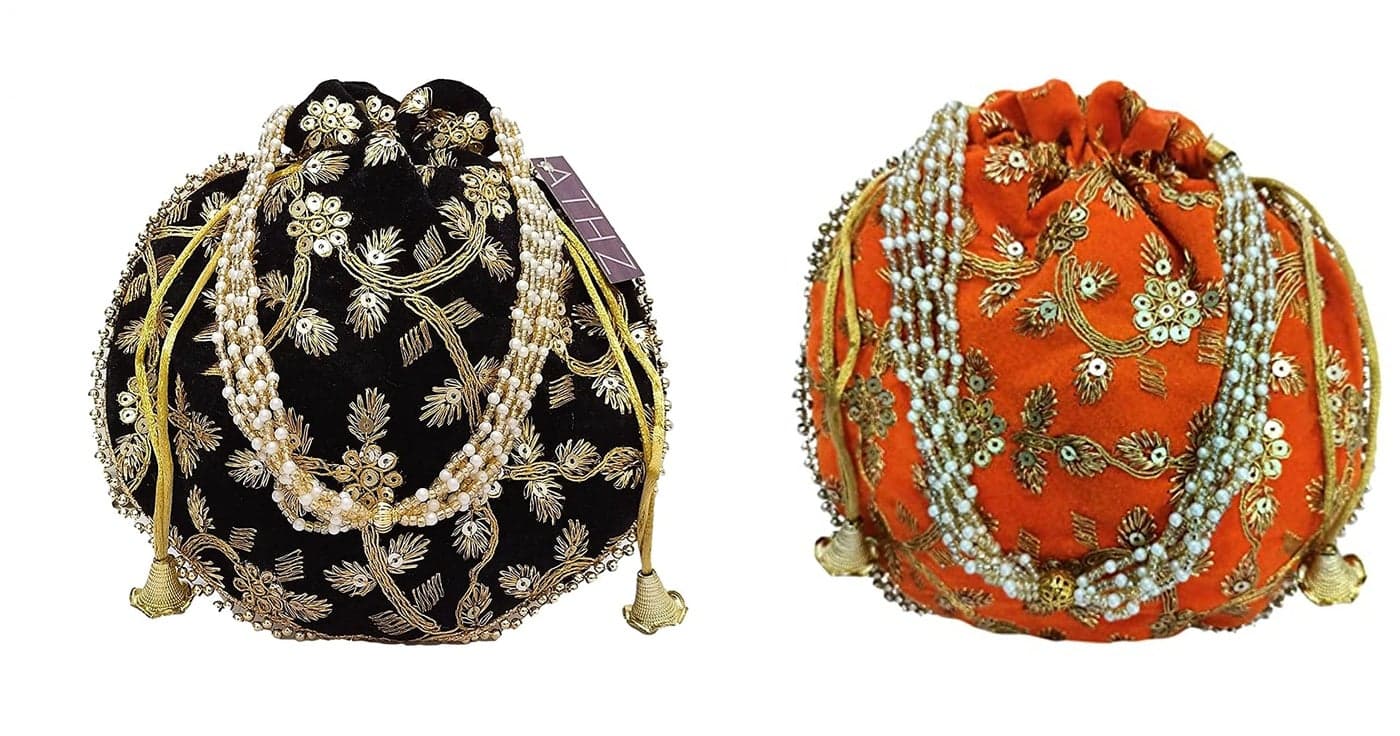 ATHZ Wedding gifting potli combo set of 2 || stylish shagun potli in velvet feel floral design fabric with sequins design of flower pattern (Black, Orange)