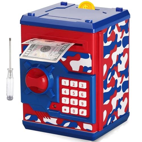 ATM Piggy Bank for Boys Girls Vcertcpl Mini ATM Coin Bank Money Saving Box with Password Kids Safe Money Jar for Adults with Auto Grab Bill Slot Great Gift Toy Bank for Kids Camouflage Red Blue