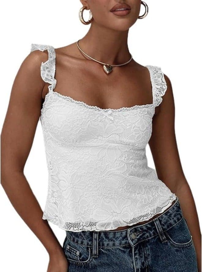Y2K Lace Trim Crop Tank Top for Women Teen Girls, Sleeveless Camisole, Solid Color Summer Streetwear, Cute Going Out Top for Party, Daily Wear(M)