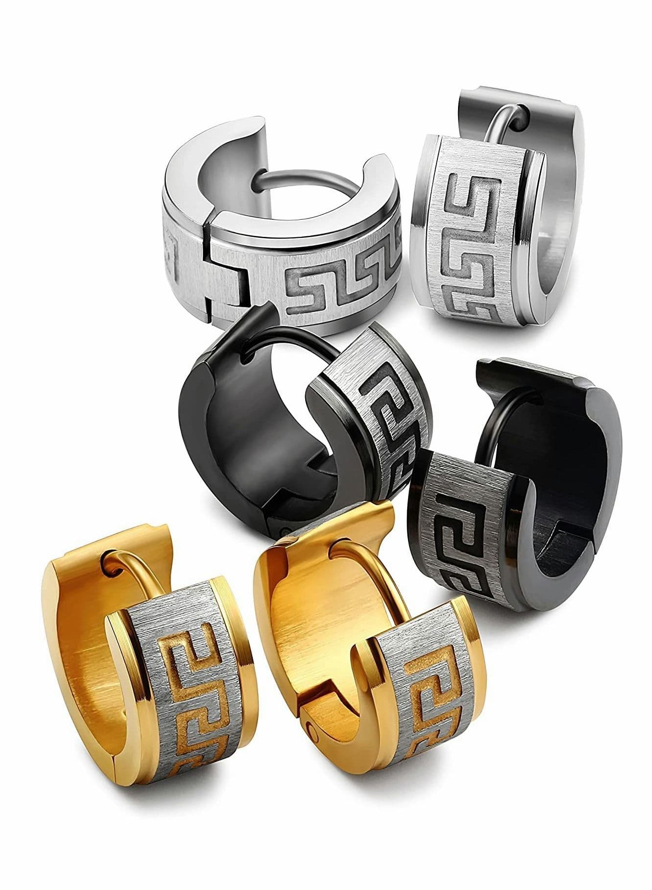 Men's Stainless Steel Unique Inlaid Small Hoop Earrings, 3 Pairs of Unique Greek keys, Fashionable Punk Jewelry Gifts (Silver, Gold, Black, 3 Pairs)