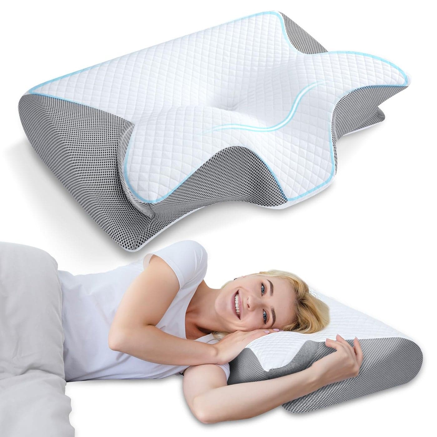 HOMCA Memory Foam Cervical Pillow 2 in 1 Ergonomic Contour Orthopedic Pillow for Neck Pain Contoured Support Pillows for Side Back Stomach Sleepers