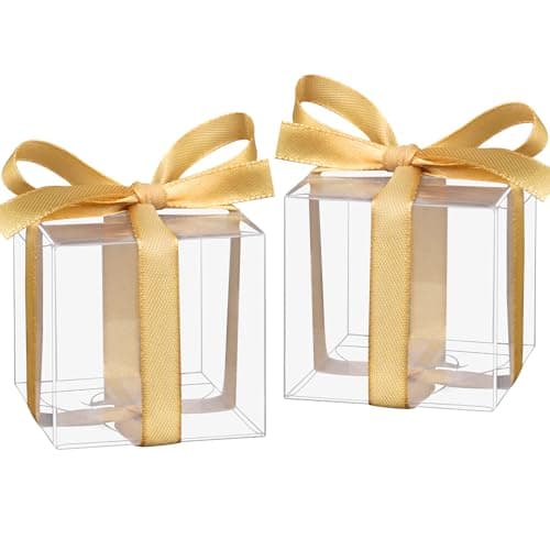 Hooqict 50pcs Favor Boxes 2x2x2 Inches Clear Party Favor Boxes with Ribbons Small Plastic Gift Candy Treat Boxes for Wedding Favors Baby Shower Birthday Classroom