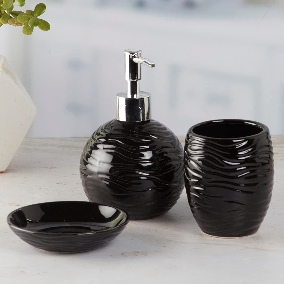 Kookee Ceramic Bathroom Set Stylish 3 Piece Bath Accessories Kit with Liquid Handwash Soap Dispenser Toothbrush Holder Soap Dish Modern Designer Decor for Home Guest BathroomsBlack 9614