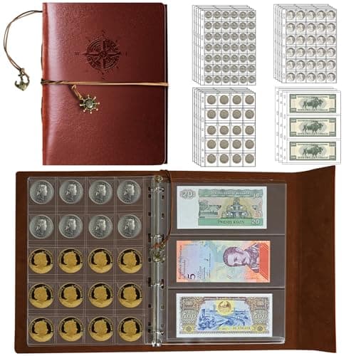 GoShambar Coin Collection Book Holder for Collectors,428 Pockets Coin Collection Supplies & 12 Sleeves Paper Money Currency Album, Display Storage Case for All Coins (Brown)
