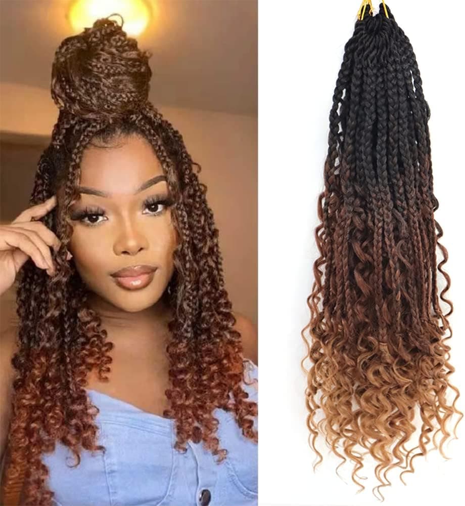 8Packs Goddess Box Braids Crochet Hair With Curly Ends 14inch Prelooped Bohomian Crochet Box Braids Synthetic Braiding Hair Extensions 14 Inch 1B3330