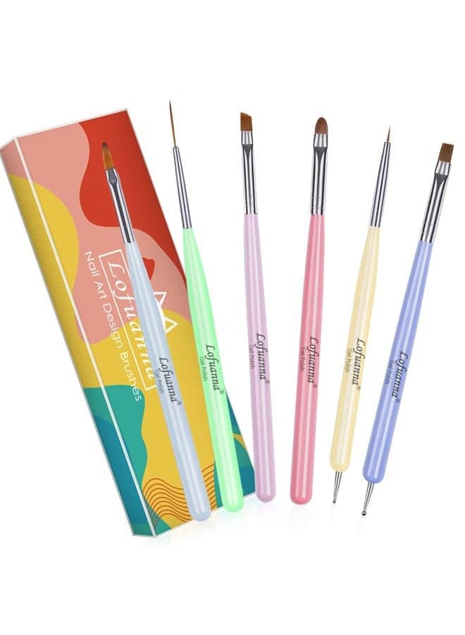 Lofuanna Nail Art Brushes Set 6Pcs Nail Tips Art Design Tools with Poly Extension Gel Brush, Nail Polish Brush, Carved Brush, Art Liner Brush and Dotting Pen, Acrylic Nail Brushes, Painting Drawing