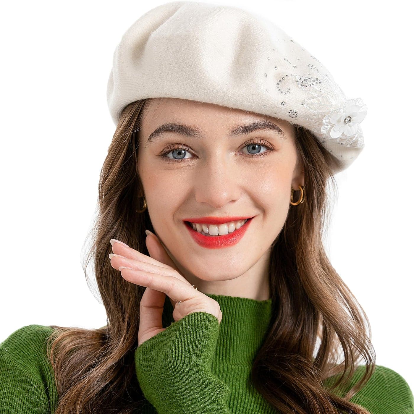 ZLYC Womens French Beret hat, Reversible Solid Color Cashmere Mosaic Warm Beret Cap for Girls (Flower White)