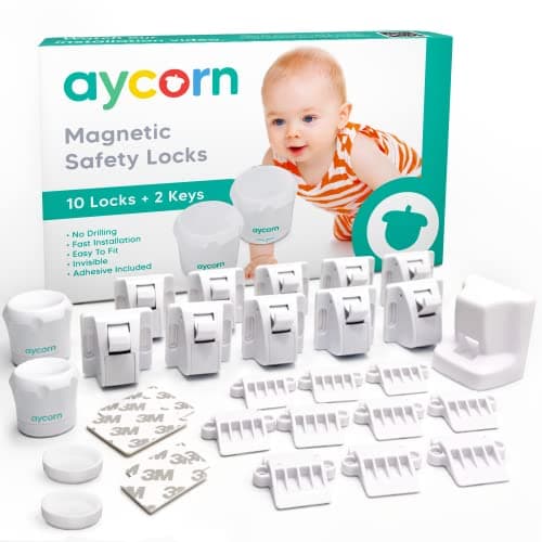 AYCORN Safety Magnetic Child Locks for Cabinets 10 Locks 2 Keys Baby Proofing Cabinet Locks for Doors and Drawers 10 Pack Easy Install No Screws or Drilling Toddler Child Proof Cabinet Latches