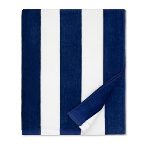 cabanana Large Beach Towel Oversized - Cotton Velour 35 x 70 Inch Blue Grey Striped Terry Pool Towel, Cabana Soft Swimming Towel for Adults Women Men (Navy Grey)