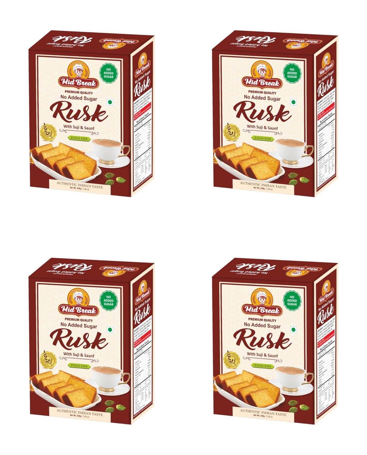 MidBreak No Added Sugar Authentic Indian Elaichi Rusk 200g (Pack of 4) | Handmade Crispy Toast |Eggless Tea-Time Snack