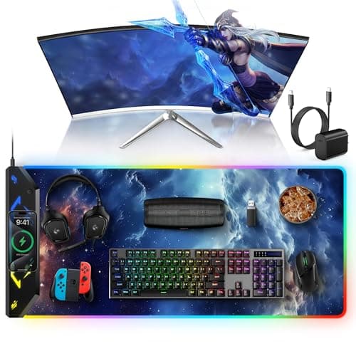 TopMade Wireless Charging Mouse Pad, RGB Gaming Mousepad, 35.4" x 15.8" Extra Large Waterproof Keyboard Desk Pad, Computer Desk Mat, Blue Nebula (Includes 20W PD Power Adapter & 6.56ft Woven Cable)