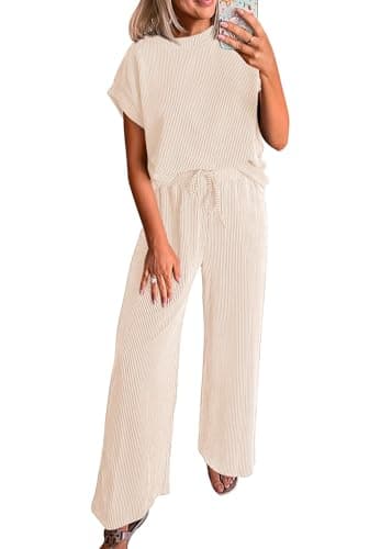 KIRUNDO 2 Piece Sets for Women Dressy Casual Ribbed Knit Short Sleeve Tops Wide Leg Pants Lounge Set Travel Airport Outfits(Apricot, Medium)